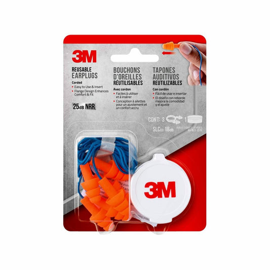 3M Corded Reusable Earplugs - 3 Pairs - 25 dB NRR - Soft Washable Material