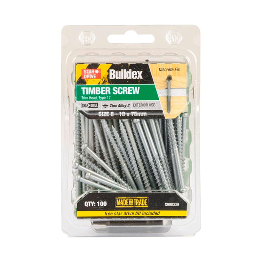 Buildex Trim Head Timber Screw 8 10 x 75mm Zinc Alloy 100 Pack - Auzzistore