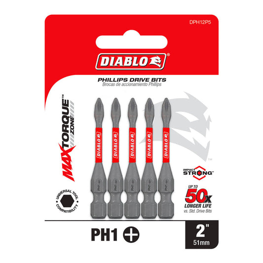 Diablo 2 Power Bit 5 Pack - 2" #1 Phillips Drive Bits - Extreme Durability - Auzzistore