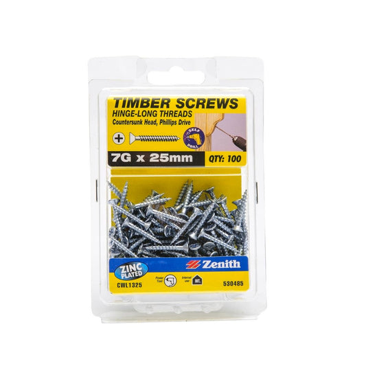 Zenith Hinge Long Thread Screw - 7g x 25mm - Zinc Plated - 100 Pack - Auzzistore