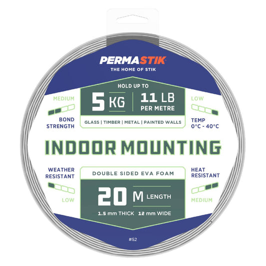 Permastik Indoor Mounting Tape - 12mm x 20m Foam - Holds 5kg - Auzzistore