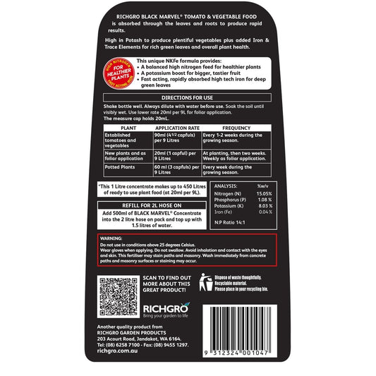 Richgro Black Marvel Tomato & Vegetable Food - 1L - Liquid Concentrate - High Nitrogen – view 2 - Auzzistore