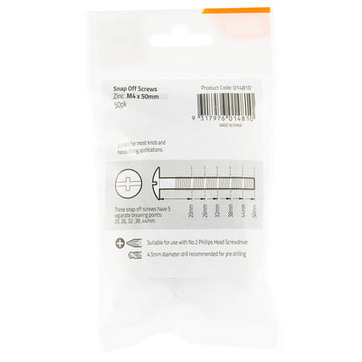 Taskmaster M4x 50mm Zinc Snap Off Screw 50 Pack - Adjustable Lengths