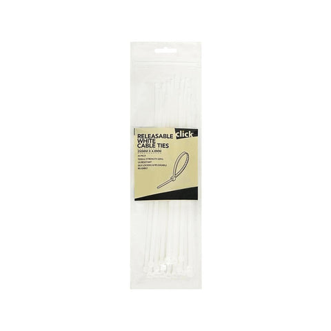 Click 250mm White Releasable Cable Tie 25 Pack - UV Resistant Nylon - Auzzistore