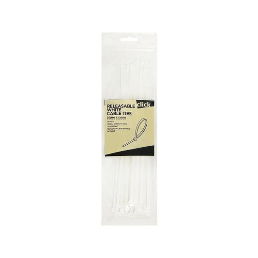Click 250mm White Releasable Cable Tie 25 Pack - UV Resistant Nylon