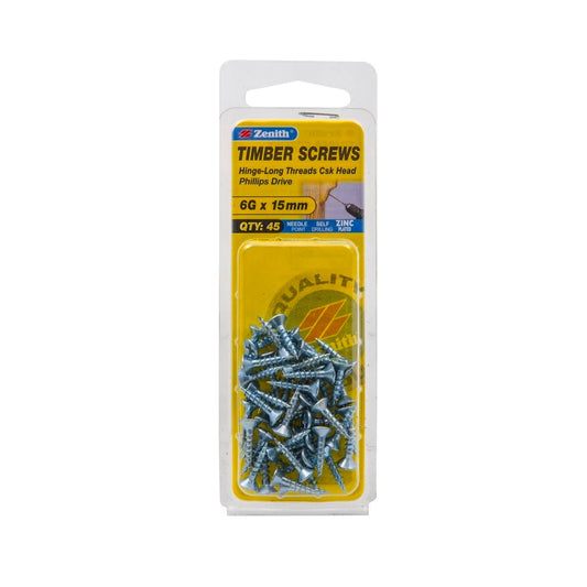 Zenith Hinge Long Thread Screws - 6g x 15mm - Zinc Plated - 45 Pack - Auzzistore