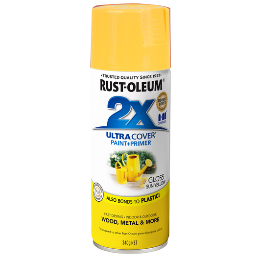 Rust-Oleum 2X Ultra Cover Gloss Spray Paint 340g Sun Yellow Durable Finish - Auzzistore