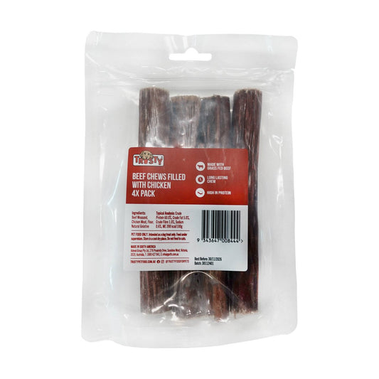 Trusty Beef Chews Filled with Chicken Dog Treats 4 Pack - 50mm x 200mm x 140mm - High Protein - Long Lasting Chew - Auzzistore