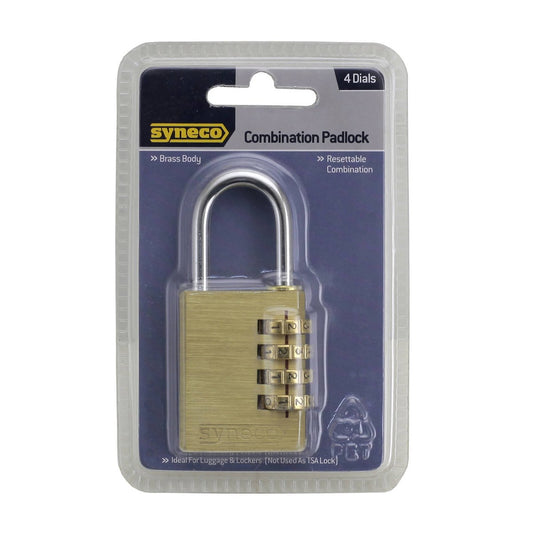 Syneco Combination Padlock - 4 Dial - Brass - Resettable – view 2 - Auzzistore