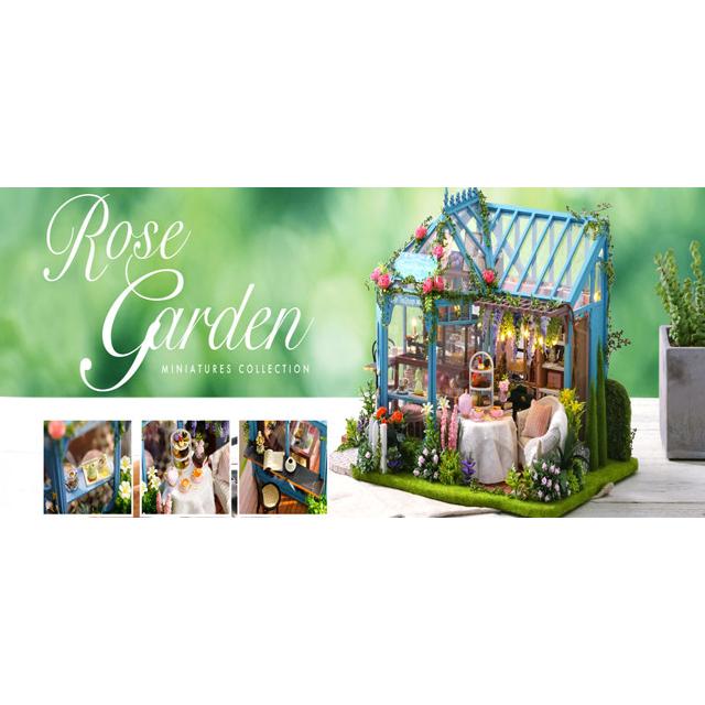 Dollhouse Miniature with Furniture Kit Plus Dust Proof and Music Movement - Rosa Garden Tea