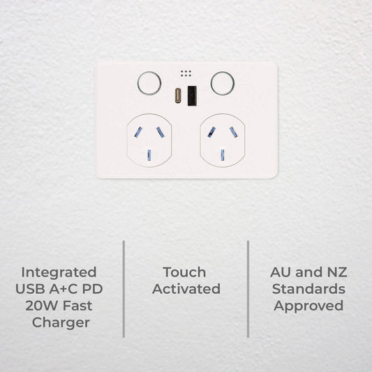 Deta Grid Smart Double Power Point - USB A+C PD 20W Fast Charging - White - 50mm x 74mm x 115mm – view 2 - Auzzistore