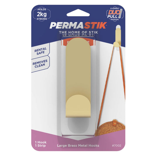 Permastik Large Brass Metal Hook - 1 Pack - Holds 2kg - Easy Application