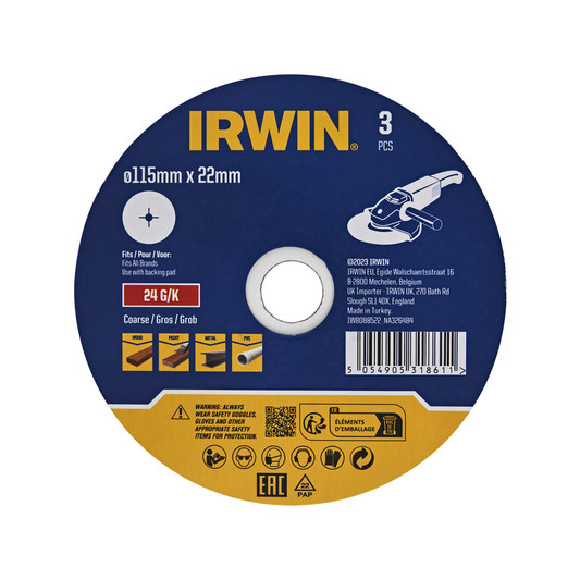 Irwin Fibre Discs 3 Pack - 115 x 22mm - 24 Grit - Aluminium Oxide - Stock Removal - Auzzistore