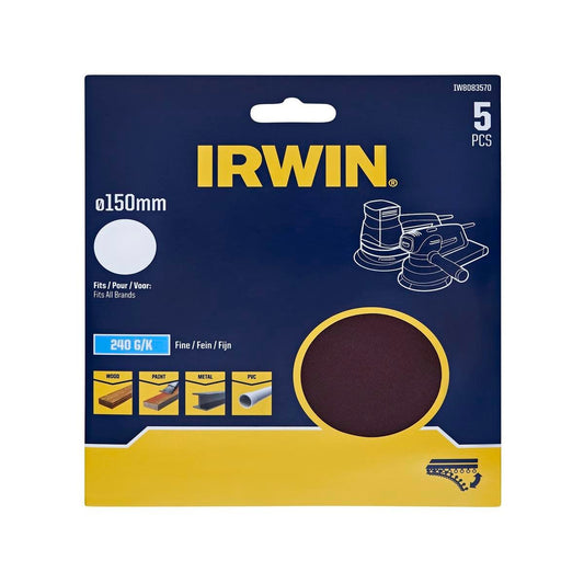 Irwin 150mm Quick Fit Random Orbital Sanding Disc 5 Pack - 240 Grit - No Holes - Aluminium Oxide - Auzzistore