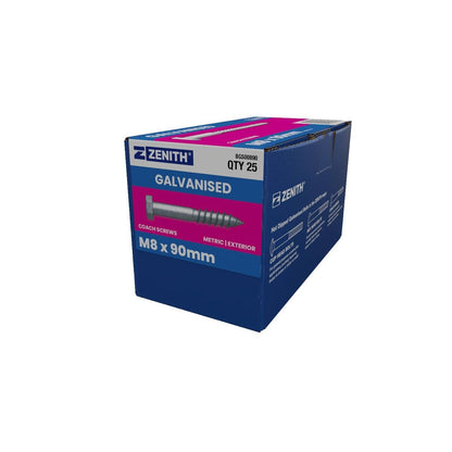 Zenith Hot Dip Galvanised Hex Head Coach Screws M8 x 90mm 25 Pack