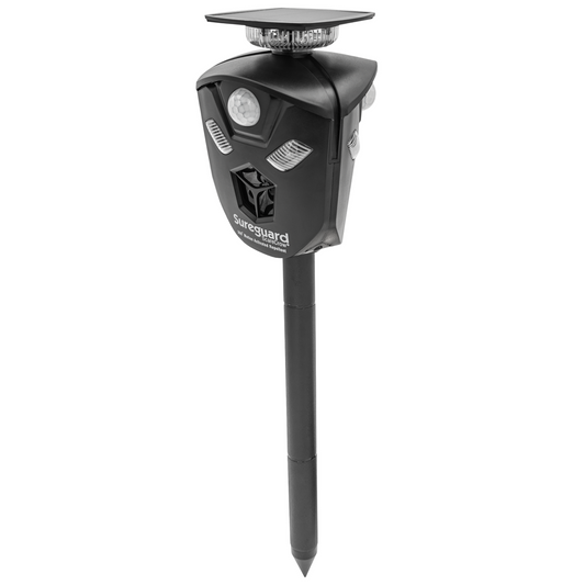 Sureguard Scarecrow Motion Activated Ultrasonic Animal Repellent - 145mm x 153mm x 120mm - Solar-Powered - 360-Degree Coverage - Deters Dogs, Cats, Deer, Rabbits - Auzzistore