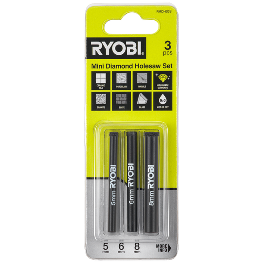 Ryobi 3 Piece Mini Diamond Holesaw Set - 5mm, 6mm, 8mm - Durable for Tile, Glass - Auzzistore