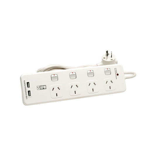 HPM 4 Outlet USB Charging Powerboard White 1.8m ABS Overload Protection