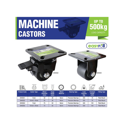 Easyroll 50mm Black Swivel Brake Castor Nylon 300kg Load Capacity