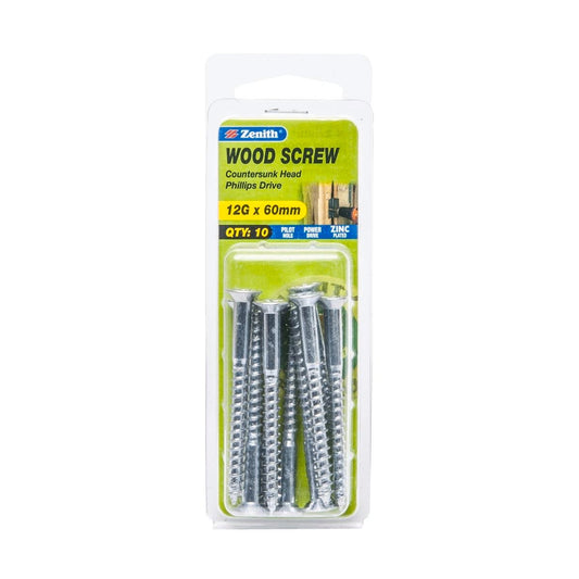 Zenith 12G x 60mm Zinc Plated Countersunk Head Wood Screws – 10 Pack - Auzzistore