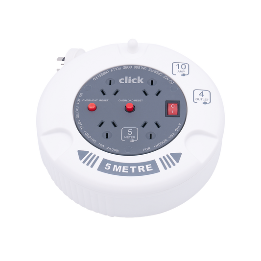 Click 5m Cable Reel - 4 Power Outlets - On/Off Switch - Safety Features - Auzzistore
