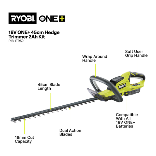 Ryobi 18V ONE+ 45cm Hedge Trimmer Kit - 2.0Ah Battery & Charger - Lightweight – view 2
