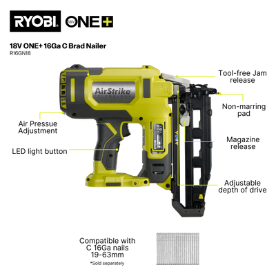 Ryobi 18V ONE+ 16GA Brad Nailer Tool Only - Cordless - 105 Nail Capacity