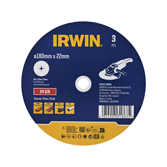 Irwin Fibre Disc 3 Pack - 180 x 22mm - 24 Grit - Aluminium Oxide - Stock Removal - Auzzistore