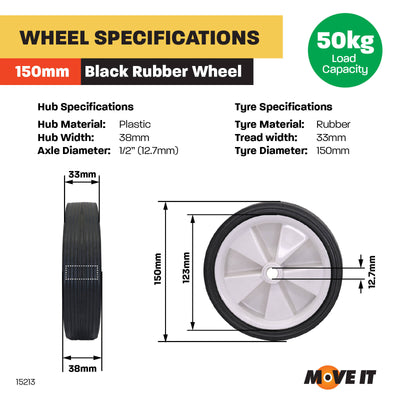 Move It 150mm Rubber Tyre - White Plastic Centre - Easy Install - 30kg Load