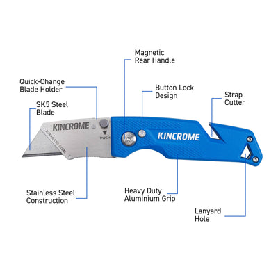 Kincrome Magnetic Folding Utility Knife - 20mm Aluminium - Easy Storage
