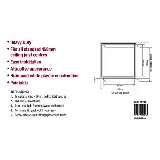 Builders Edge Manhole Frame 450mm Melamine Heavy Duty Easy Install - Auzzistore