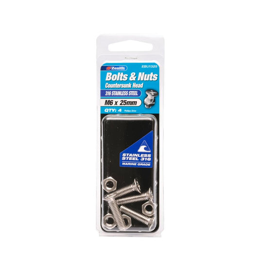 Zenith Countersunk Head Bolt - M6 x 25mm - Stainless Steel - Marine Grade - 4 Pack - Auzzistore