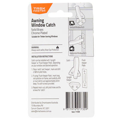 Taskmaster Chrome Plated Awning Window Catch - Solid Brass - 25mm x 70mm
