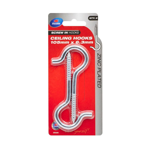 Zenith Ceiling Hook - 105 x 6mm - Zinc Plated - Heavy Duty - 2 Pack