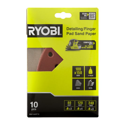 Ryobi Detail Finger Sanding Set - 10 Piece - 100 x 150mm - 80/120/240 Grit – view 2 - Auzzistore