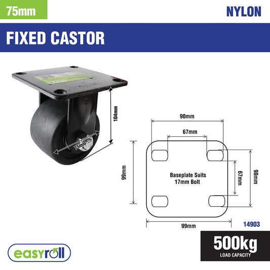Easyroll 75mm Black Fixed Machine Castor Nylon 500kg Load Capacity – view 2 - Auzzistore