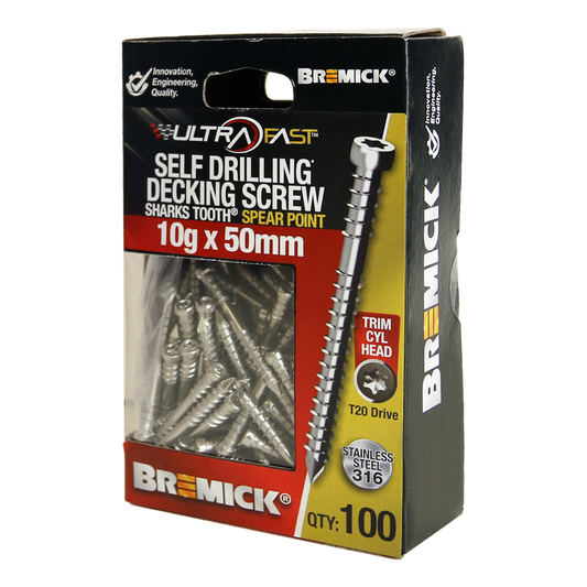 Bremick Ultrafast Stainless Steel 316 Trim Head Screws 10g x 50mm - 100 Pack - Quick Installation - Auzzistore