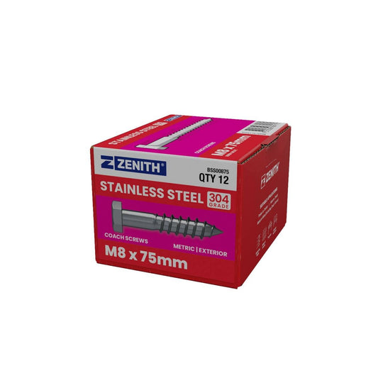 Zenith Hex Head Coach Screws M8 x 75mm Stainless Steel 304 Grade 12 Pack - Auzzistore
