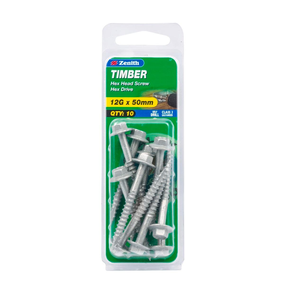 Zenith Timber Screws - 12g x 50mm Galvanised Steel - Self Drilling - 10 Pack