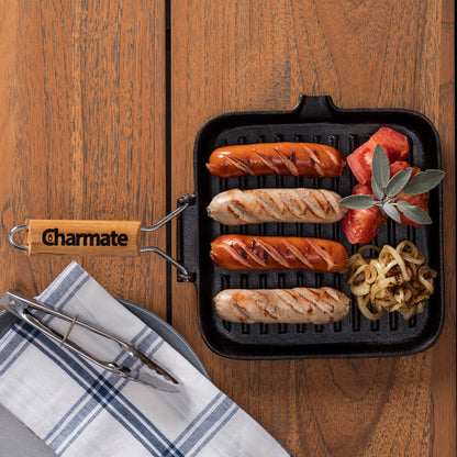 Charmate Cast Iron Frying Pan, Pre-Seasoned, Folding Handle, Even Heat Distribution