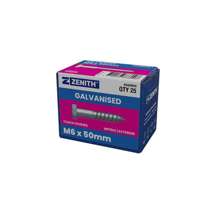 Zenith Hex Head Coach Screws M6 x 50mm Hot Dip Galvanised 25 Pack