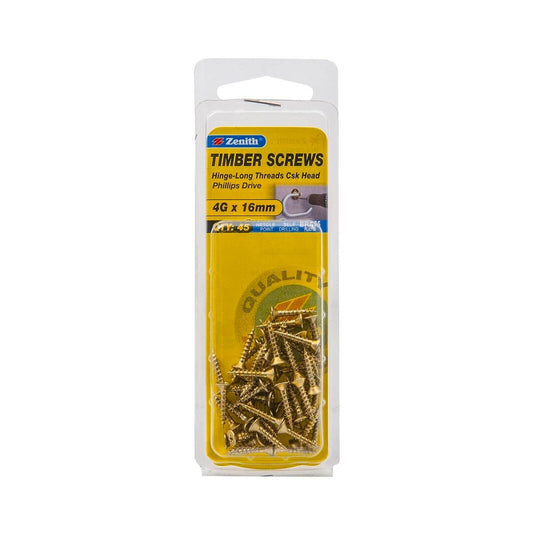 Zenith Hinge Long Thread Screws - 4g x 16mm - Brass Plated - 45 Pack - Auzzistore