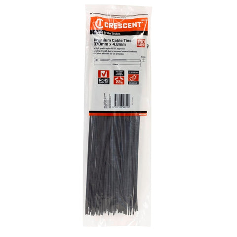 Crescent Cable Ties - 370mm x 4.8mm - Black - 100 Pack - Nylon - UV Resistant - Auzzistore