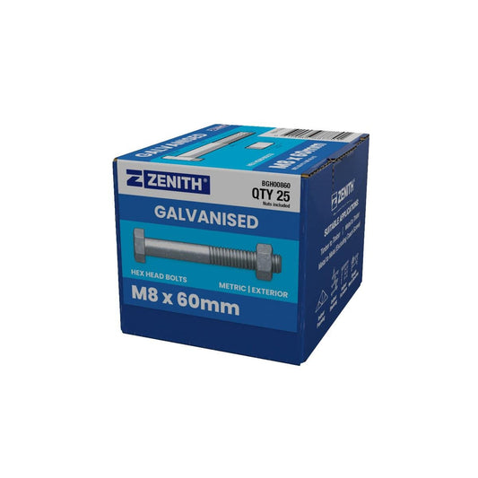 Zenith Hot Dip Galvanised Hex Head Bolts M8 x 60mm 25 Pack - Auzzistore