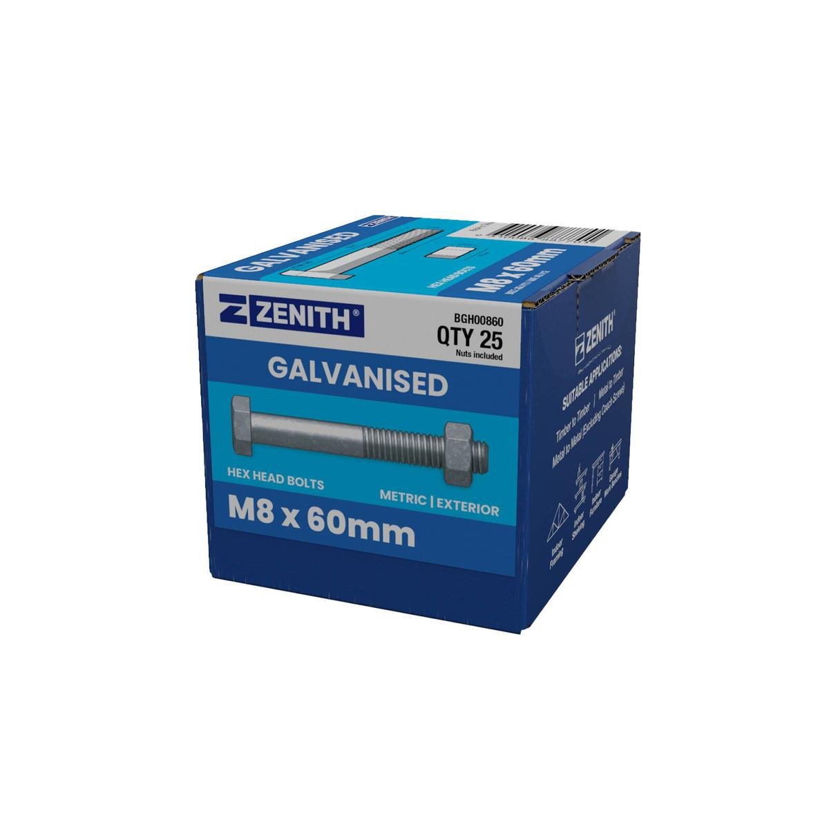 Zenith Hot Dip Galvanised Hex Head Bolts M8 x 60mm 25 Pack