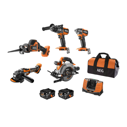 AEG 18V Fusion Brushless 5-Piece Kit - 4.0Ah - Includes Circular Saw, Impact Driver, Hammer Drill, Recip Saw, Grinder