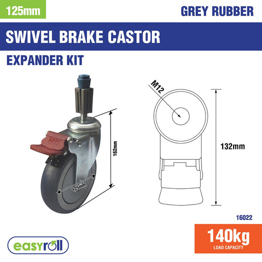 Easyroll Castor Xpan Kit - 125mm - Grey Rubber - Smooth Rolling – view 2 - Auzzistore