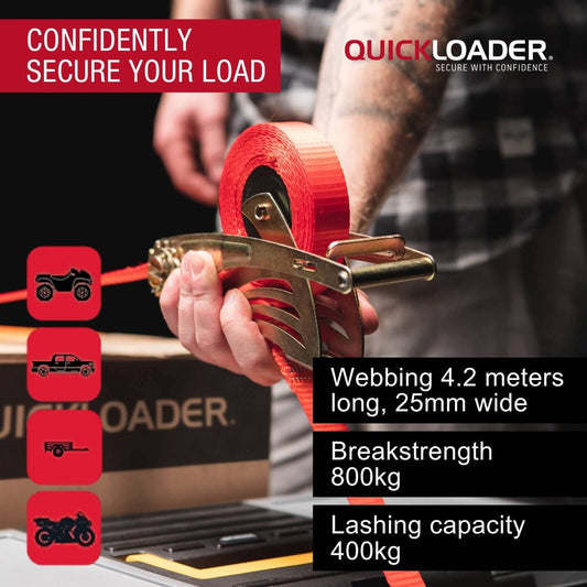 Quickloader 4 Retractable Ratchet Tie Down Strap 2 Pack - 2m 25mm - 400kg Capacity - Red – view 2 - Auzzistore