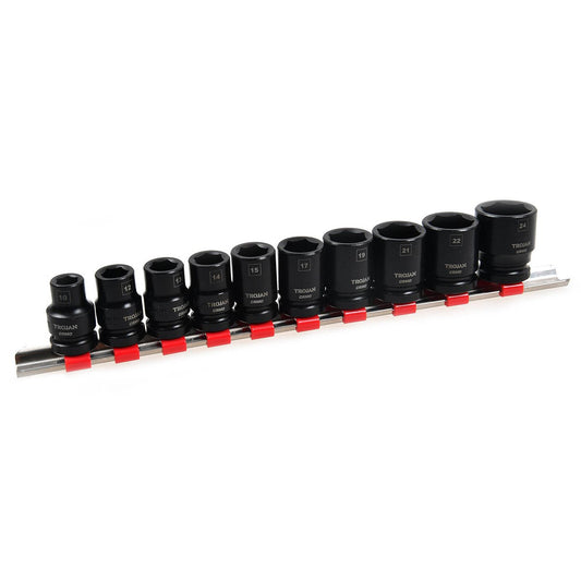 Trojan 10 Piece 1/2" Drive Impact Socket Rail Set - Metric CR-MO Sockets - Auzzistore