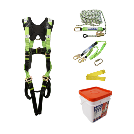 Bailey Fall Protection Pro Roof Workers Kit - 1 Universal Padded Harness - 1.4-2.0m Lanyard - 15m Rope Lifeline - 1.5m Webbing Sling - Steel Karabiner
